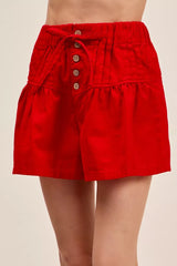 Hazel Blues® | SO ME Solid Twill Denim Pintucked Buttoned Shorts With Waist Tie