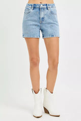Hazel Blues® | RISEN High Rise Denim Shorts with Embroidered Detail