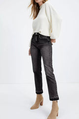 Hazel Blues® | High-Waisted Distressed Hem Straight Leg Jeans