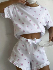 Hazel Blues® | Ribbed Knit Bow Print Top and Shorts Lounge Set