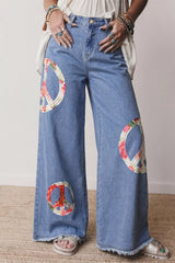 Hazel Blues® | Floral Peace Sign Wide Leg Jeans