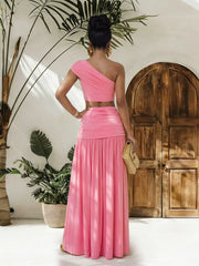 Hazel Blues® | One-Shoulder Top and Ruched Maxi Skirt Set