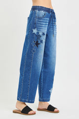 Hazel Blues® | RISEN Elastic Band Slouchy Cropped Barrel with Star Patch