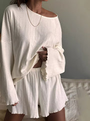 Hazel Blues® | Ribbed Knit Long Sleeve Top and Shorts Lounge Set