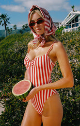 Bells Beach One Piece ~ Red Stripe Contour Scrunch