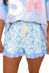 Hazel Blues® | Sky Blue Summer Floral Striped Ruffle Hem Lace Tie Shorts