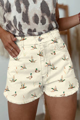 Hazel Blues® | Beige Wild Duck Mallard High Waist Frayed Denim Shorts