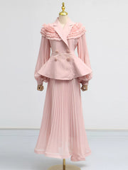 Hazel Blues® | Frill Lapel Collar Top and Pleated Skirt Set