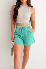 Hazel Blues® | Mineral Washed Drawstring Elastic Waist Raw Cut Shorts