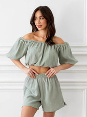 Hazel Blues® | Off-Shoulder Cropped Top and Shorts Set