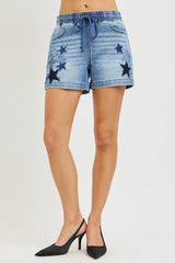 Hazel Blues® | RISEN Elastic Band Slouchy Denim Shorts with Star Patched Details
