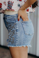 Hazel Blues® | Dusk Blue Western Embroidery Stud Denim Shorts Summer Daily Wear