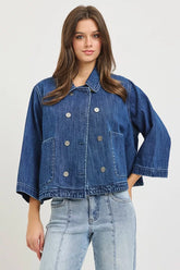 Hazel Blues® | RISEN Double-Breasted Flowy Cropped Denim Jacket