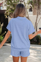Hazel Blues® | Light Grey Collared V Neck Tee Drawstring Elastic Waist Shorts 2pcs Outfit