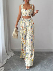 Hazel Blues® | Floral Print Tie-Shoulder Crop Top & Wide Leg Pants Set