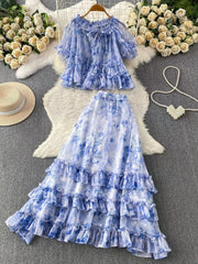 Hazel Blues® | Floral Print Ruffle Hem Blouse and Skirt Set