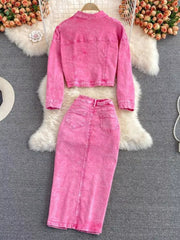 Hazel Blues® | Button Up Jacket and Slit Skirt Denim Set