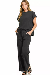 Hazel Blues® | Zenana Cotton Slub Short Sleeve Tee and Pants Set