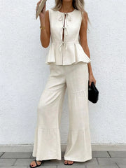Hazel Blues® | Sleeveless Tie-Front Top and Wide Leg Pants Set