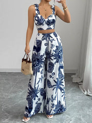 Hazel Blues® | Floral Print Crop Top and Wide Leg Pants Set