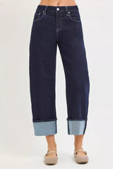 Hazel Blues® | RISEN Slouchy Crop Barrel Cuffed Hem Jeans