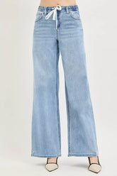 Hazel Blues® | RISEN Elastic Band Slouchy Wide Jeans with Drawstring