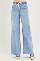 Hazel Blues® | RISEN Elastic Band Slouchy Wide Jeans with Drawstring