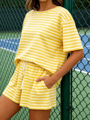 Hazel Blues® | Striped Short Sleeve Tee and Drawstring Shorts Set