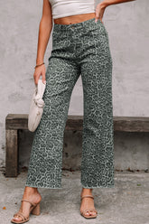 Hazel Blues® | Gray Leopard Frayed Edge Wide Leg High Waist Jeans