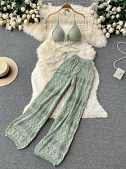 Hazel Blues® | Crochet Knit Halter Neck Top and Wide Leg Pants Set