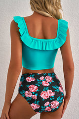 Hazel Blues® | Sea Green Solid Ruffled Square Neck Swim Top and Floral Shorts Bikini Set