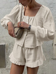 Hazel Blues® | Button Front Lantern Sleeve Top and Shorts Set