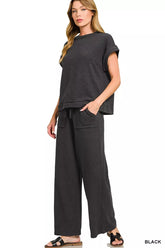 Hazel Blues® | Zenana Cotton Slub Short Sleeve Tee and Pants Set