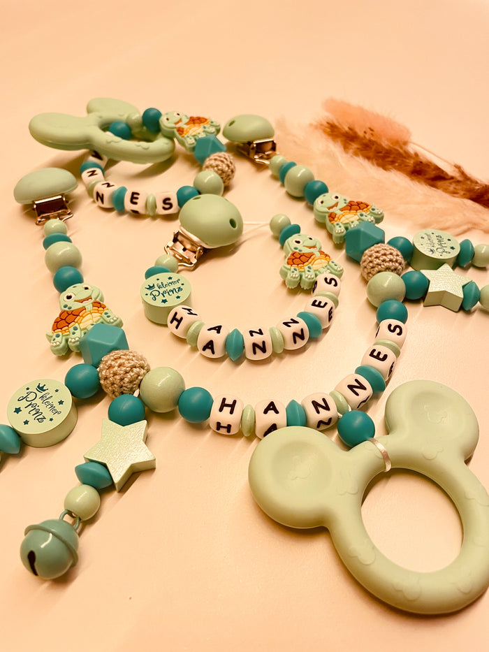 Schnullerkette Kinderwagenkette Greifring personalisiert Schildkröte mint/türkis