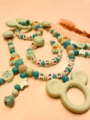 Schnullerkette Kinderwagenkette Greifring personalisiert Schildkröte mint/türkis