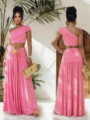 Hazel Blues® |  One-Shoulder Top and Ruched Maxi Skirt Set