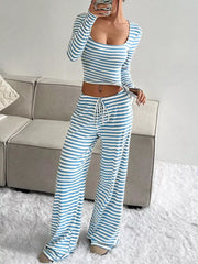 Hazel Blues® |  Striped Long Sleeve Crop Top & Wide Leg Pants Set