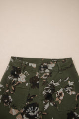 Hazel Blues® |  Green Vintage Floral Print Square Patch Pocket Raw Hem Shift Jeans