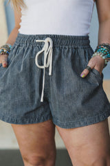 Hazel Blues® | Blue Stripe Contrast Drawstring Elastic Waist Denim Shorts