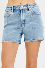 Hazel Blues® |  RISEN High Rise Denim Shorts with Embroidered Detail