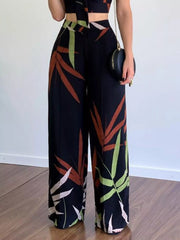 Hazel Blues® |  Tropical Print Spaghetti Strap Crop Top and Wide Leg Pants Set
