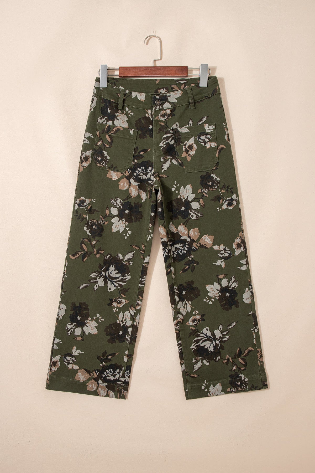 Hazel Blues® |  Green Vintage Floral Print Square Patch Pocket Raw Hem Shift Jeans