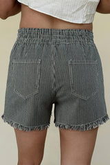 Hazel Blues® |  Black Stripe Raw Edge Drawstring Elastic Waist Casual Denim Shorts