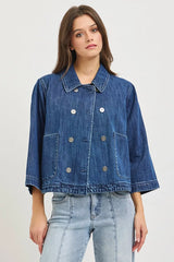 Hazel Blues® |  RISEN Double-Breasted Flowy Cropped Denim Jacket