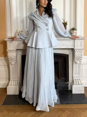 Hazel Blues® |  Frill Lapel Collar Top and Pleated Skirt Set