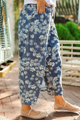Hazel Blues® |  Dainty Floral Printed Drawstring Barrel Jeans