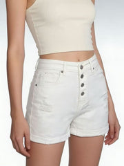Hazel Blues® |  High-Waisted Button-Fly Distressed Denim Shorts