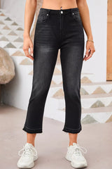 Hazel Blues® |  High-Waisted Distressed Hem Straight Leg Jeans