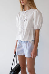 PUFF SLEEVE COTTON POPLIN BOW FRONT BLOUSE