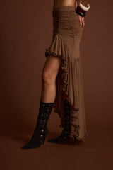 Evanna Brown High Low Ruffle Mesh Maxi Skirt
